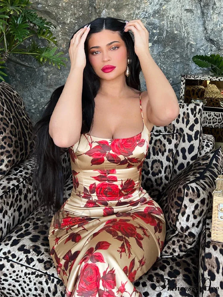 Seductive 2000s Floral Pattern Open-Back Body-Hugging Midi Dress - Image 2