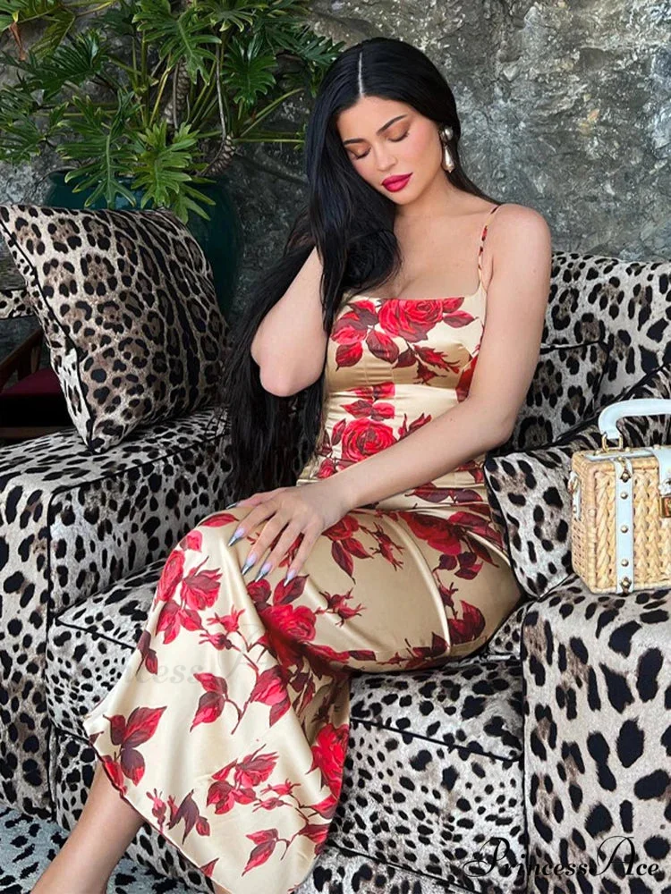 Seductive 2000s Floral Pattern Open-Back Body-Hugging Midi Dress - Image 3