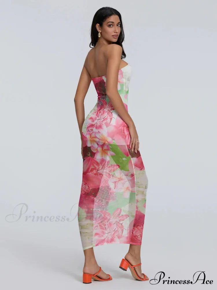 Seductive Bandeau Bodycon Off-The-Shoulder Open-Back Sheath Floral Night Gown - Image 3
