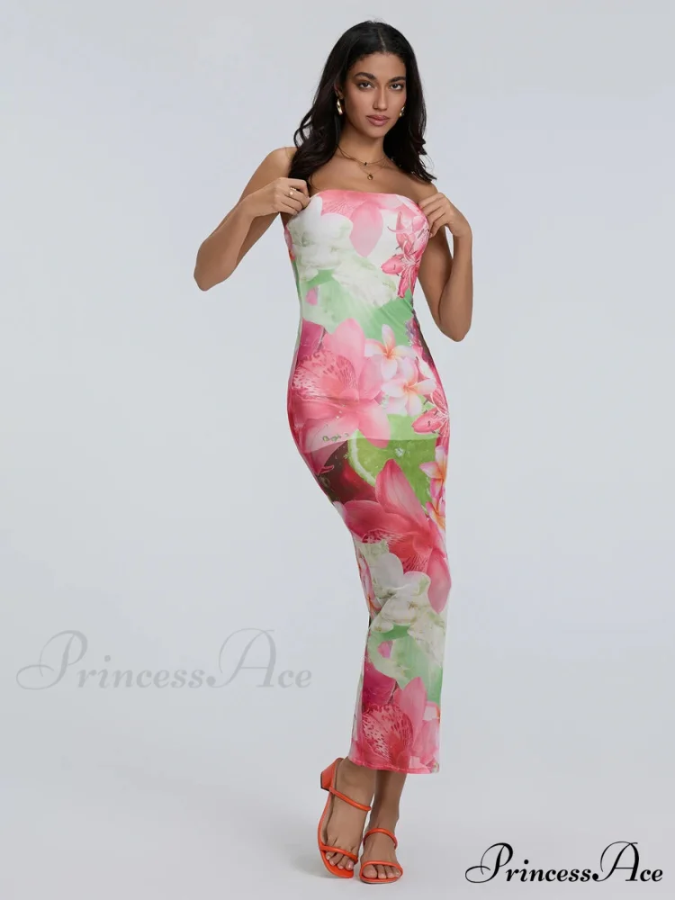 Seductive Bandeau Bodycon Off-The-Shoulder Open-Back Sheath Floral Night Gown - Image 7