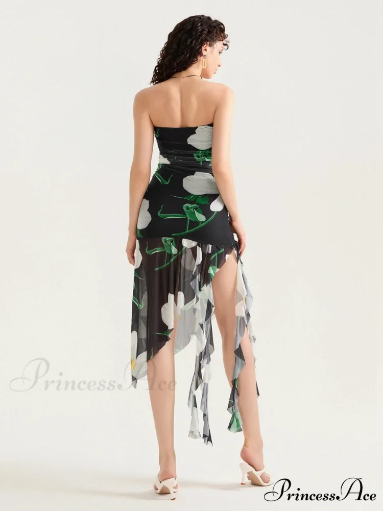 Seductive Bandeau Frill Fringe Mini Floral Dress - Image 3