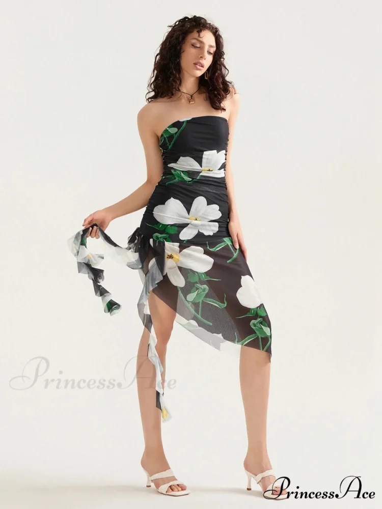 Seductive Bandeau Frill Fringe Mini Floral Dress - Image 4