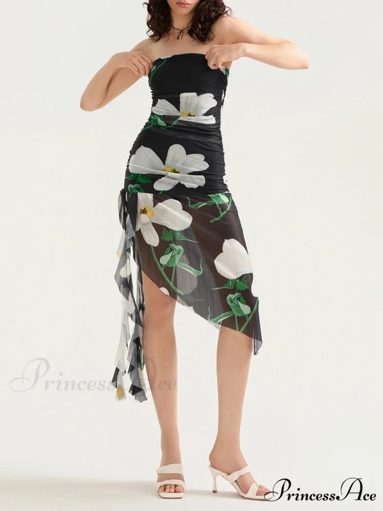 Seductive Bandeau Frill Fringe Mini Floral Dress - Image 7