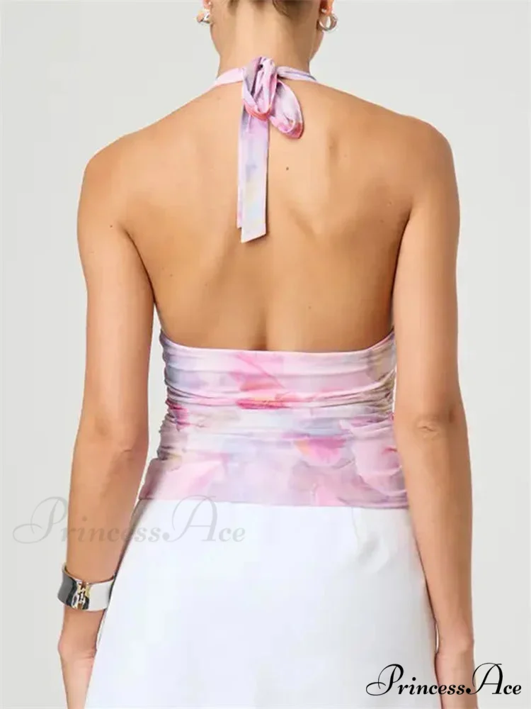 Seductive Bind-up Halter Spiral-dyed Gathered Crop Top - Image 4