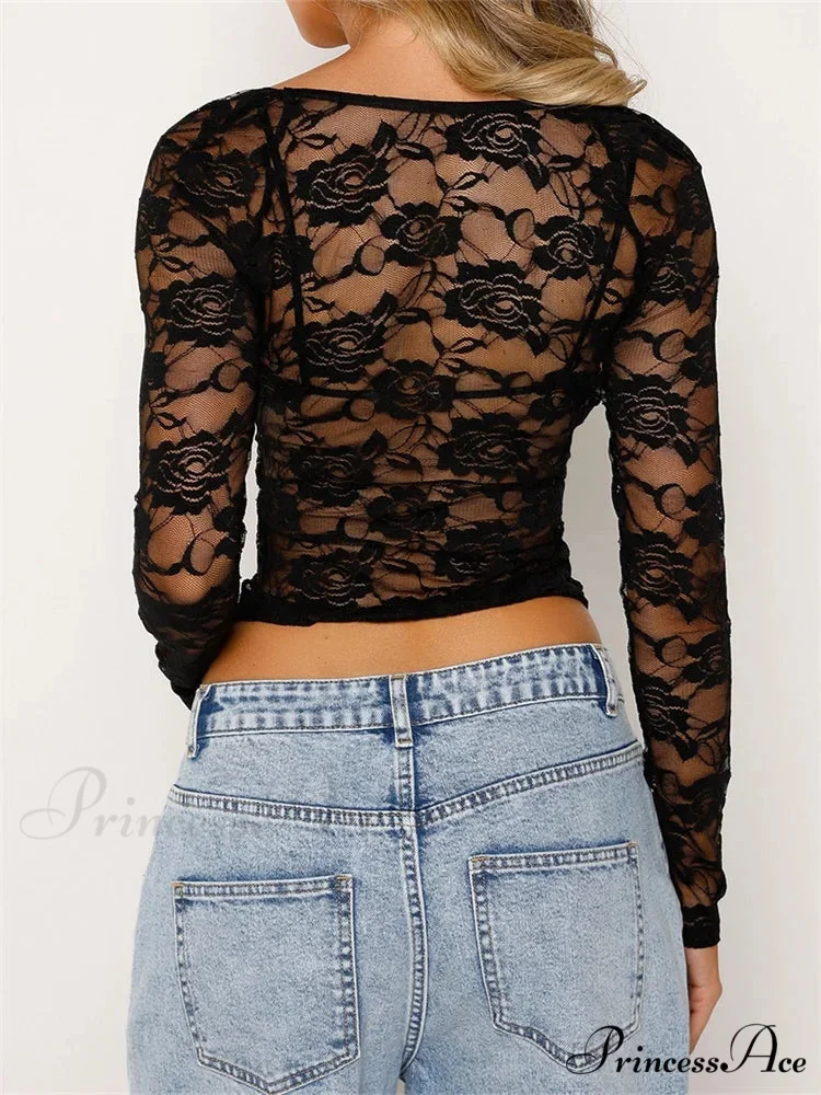 Seductive Blossom Net Transparent Long Sleeve Crop Top - Image 5