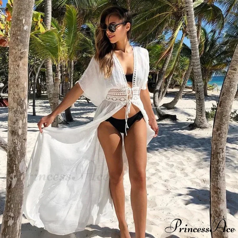 Seductive Deep Plunge Ivory Lace Bohemian Kimono Swimsuit Cover up - Image 13