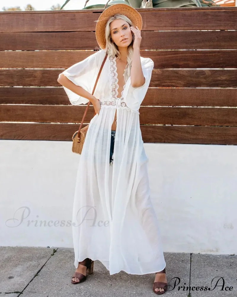 Seductive Deep Plunge Ivory Lace Bohemian Kimono Swimsuit Cover up - Image 16
