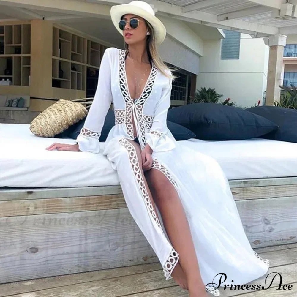 Seductive Deep Plunge Ivory Lace Bohemian Kimono Swimsuit Cover up - Image 2