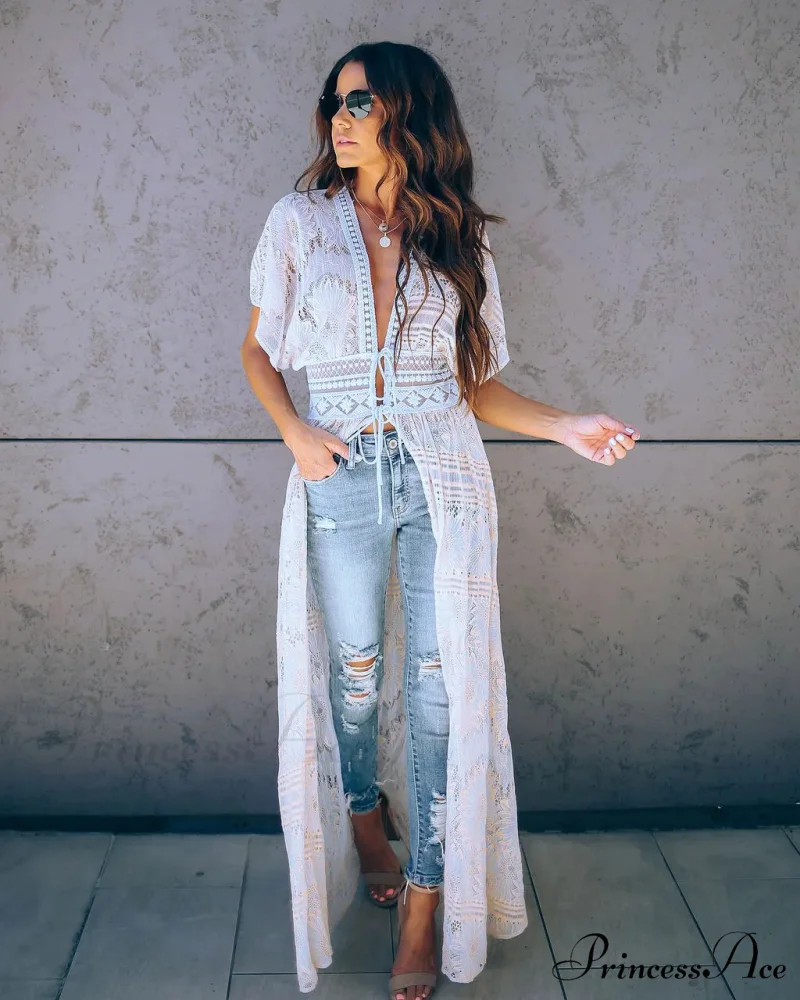 Seductive Deep Plunge Ivory Lace Bohemian Kimono Swimsuit Cover up - Image 9