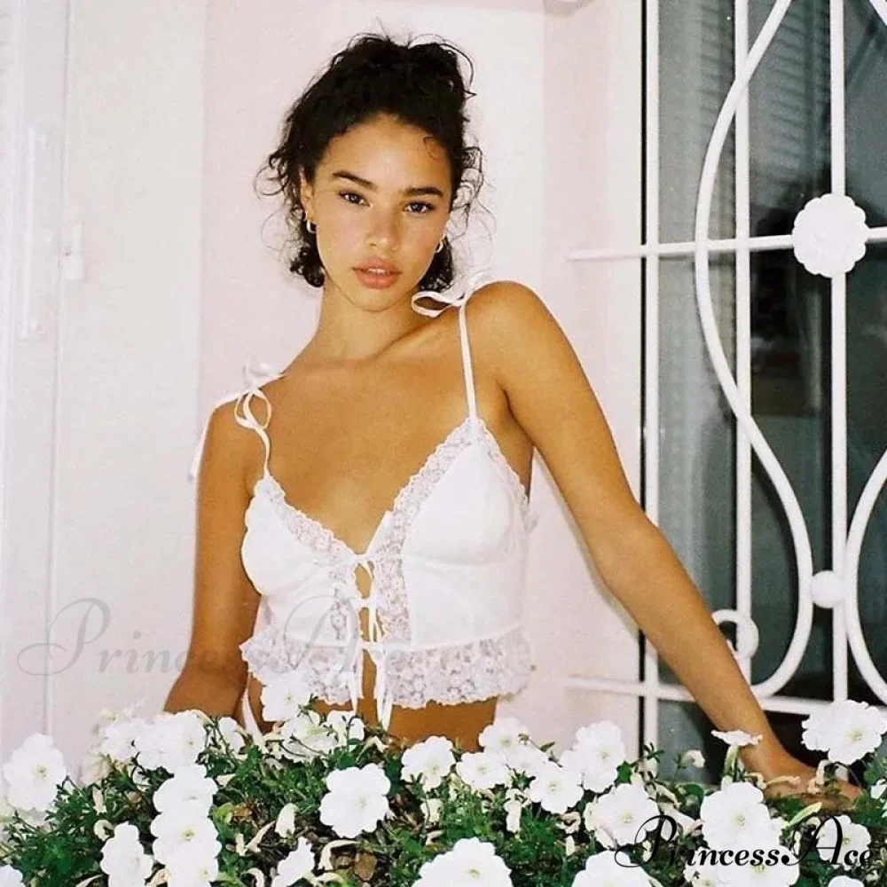 Seductive Deep Plunge Lace Ribbed White Crop Top - Image 2