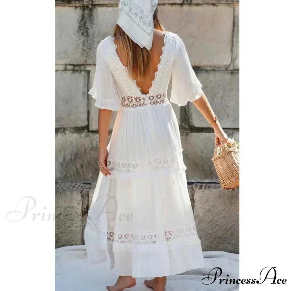Seductive Deep Plunge Open-back Cotton Lace Dress - Image 2