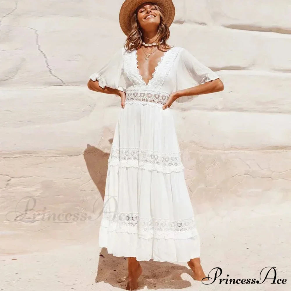 Seductive Deep Plunge Open-back Cotton Lace Dress - Image 3
