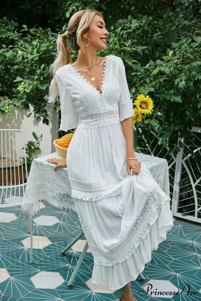 Seductive Deep Plunge Open-back Cotton Lace Dress - Image 4