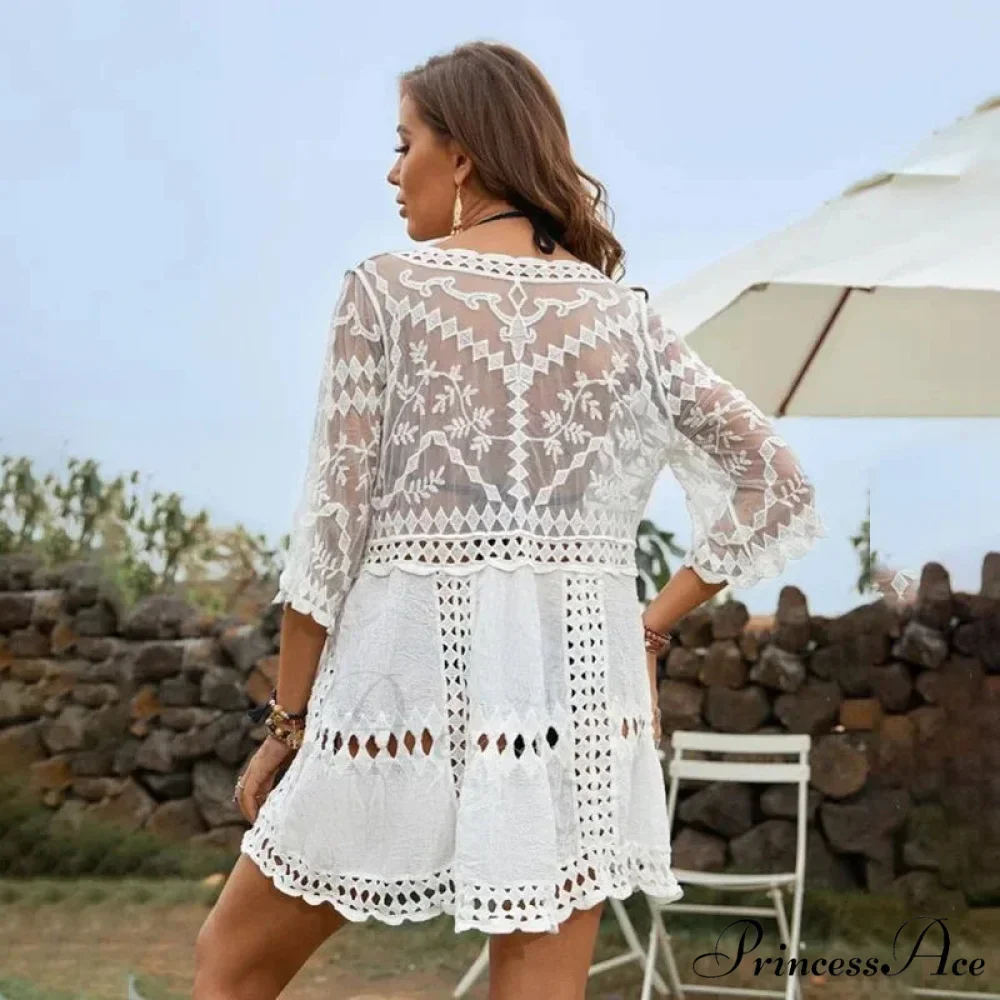 Seductive Deep Plunge White Lace Dress Women Cover-up Kimono Boho Beach Attire - Image 3