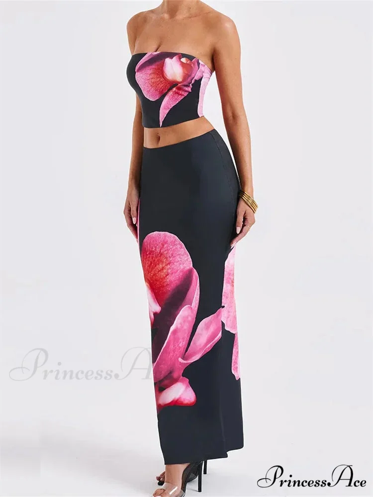 Seductive Flower Pattern Tube Top Flexible Waist Bodycon Skirt Set - Image 2
