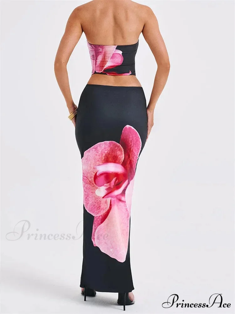 Seductive Flower Pattern Tube Top Flexible Waist Bodycon Skirt Set - Image 3