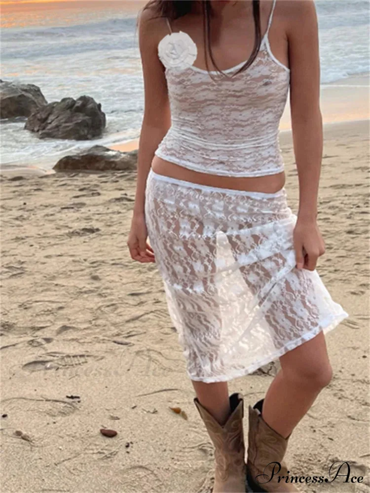 Seductive Flowered Lace Strap Tank Camis Crop Top with Sheer Long Skirt Set - Image 4
