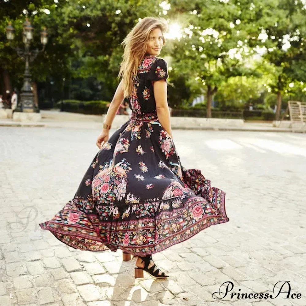 Seductive High Division Flare Sleeve Pattern Rayon Maxi Boho Dress - Image 4