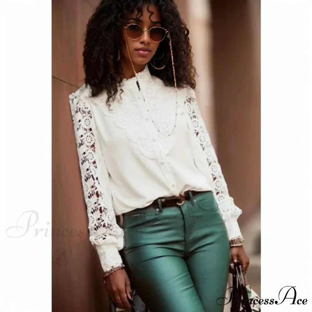 Seductive Hollow Lace Patchwork Extended Sleeve Blouse - Image 3