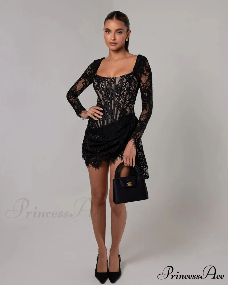 Seductive Lace Mesh Corset Mini Prom Dress - Image 2