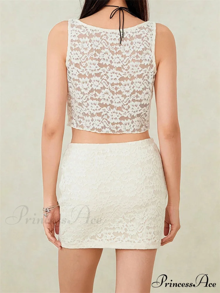 Seductive Lace Sleeveless Tank Crop Top with Brief Mini Skirt Set - Image 4