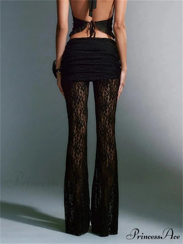 Seductive Mesh Transparent High Waist Floral Flared Pant - Image 5
