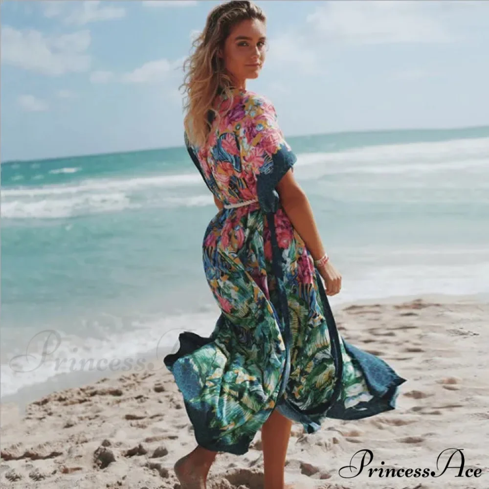 Seductive Side Split Beach Kaftan Tunic Boho Floral Print Summer Dress - Image 2