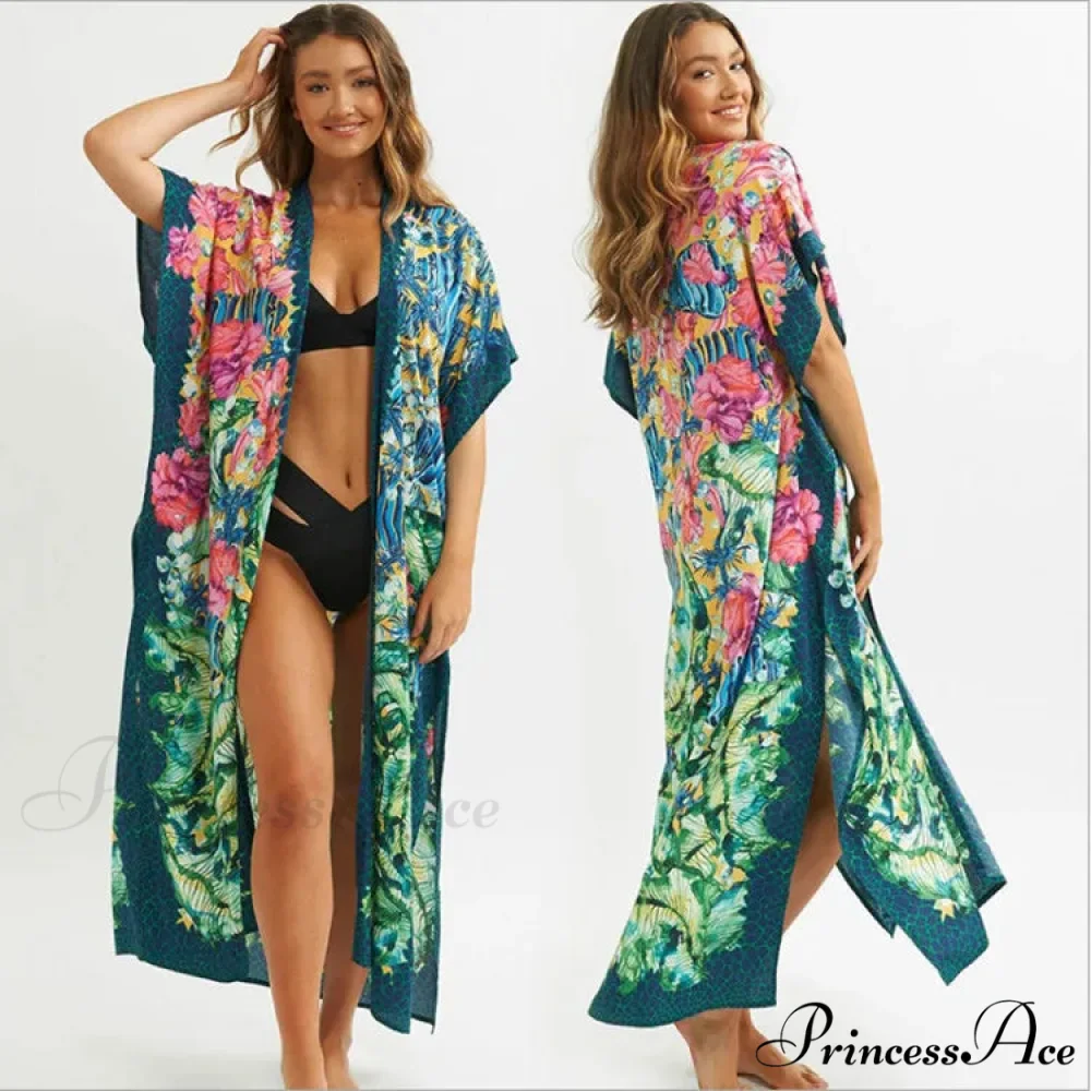 Seductive Side Split Beach Kaftan Tunic Boho Floral Print Summer Dress - Image 4