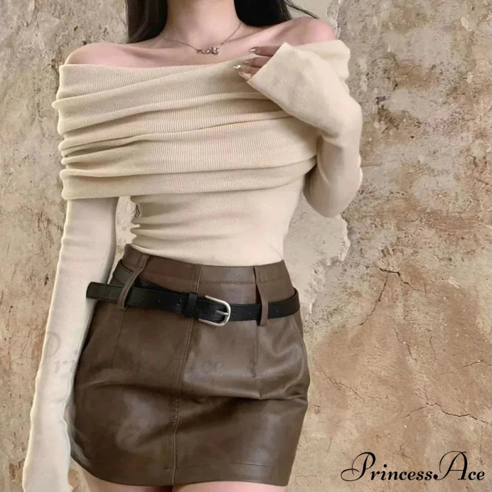 Seductive Slash Neck Ruffled Knitted Sweater - Image 4