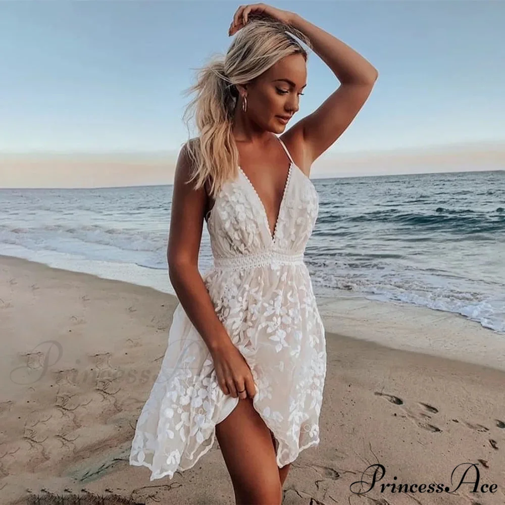 Seductive Spaghetti Strap Ivory Embroidered Lace Floral Dress - Image 3