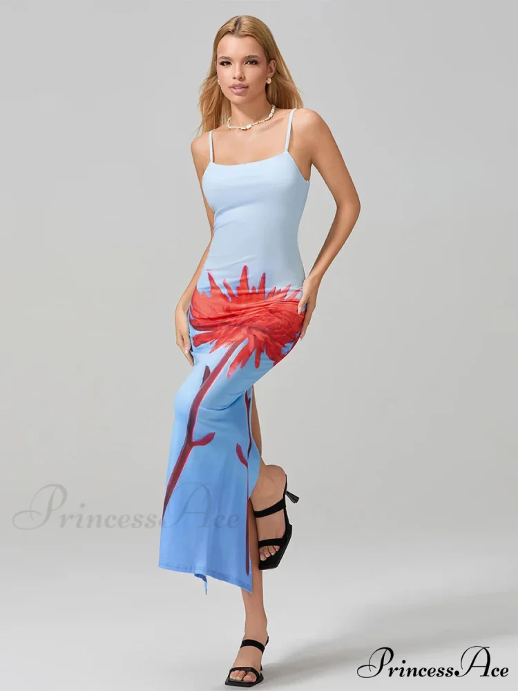 Seductive Spaghetti Straps Bodycon O-neck Wrap Cami Floral Dress - Image 3