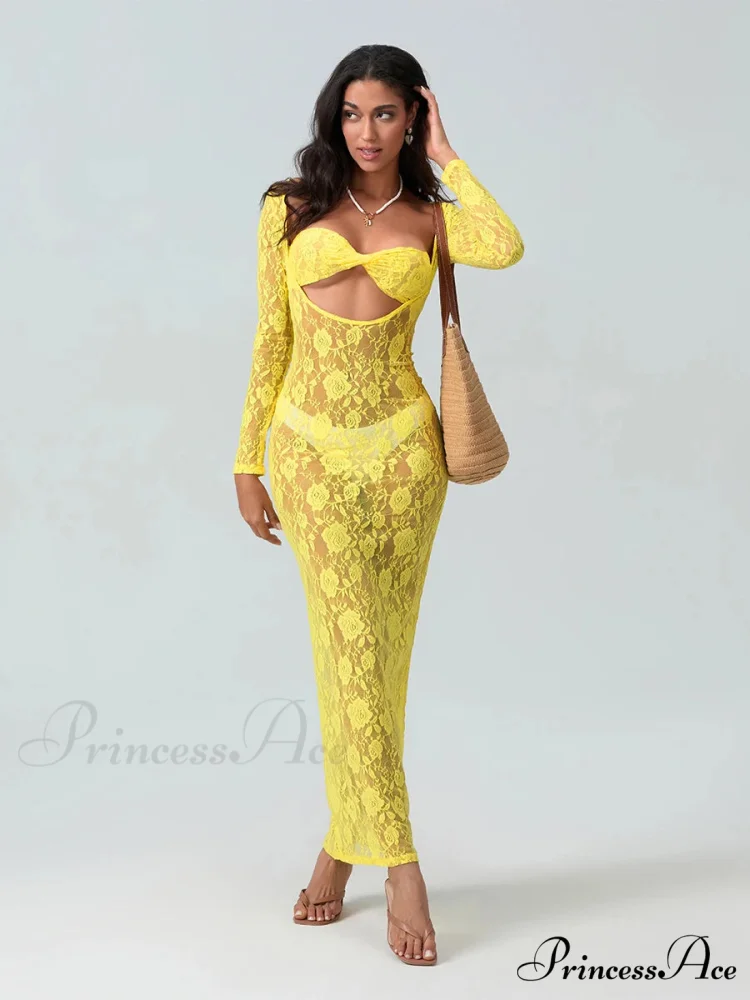 Seductive Transparent Lace Sheer Long Sleeve Beach Floral Dress - Image 2