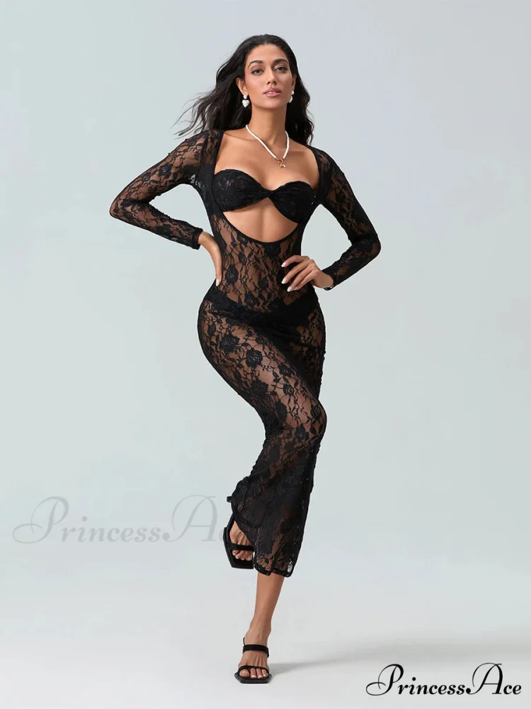 Seductive Transparent Lace Sheer Long Sleeve Beach Floral Dress - Image 3