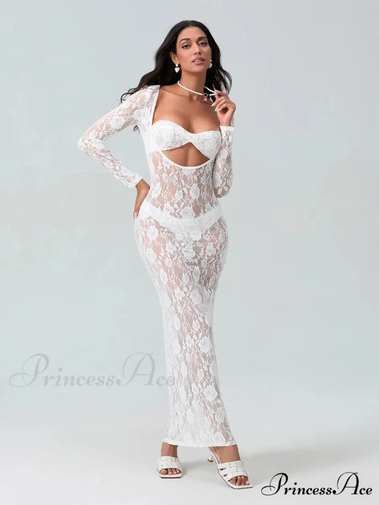 Seductive Transparent Lace Sheer Long Sleeve Beach Floral Dress - Image 6