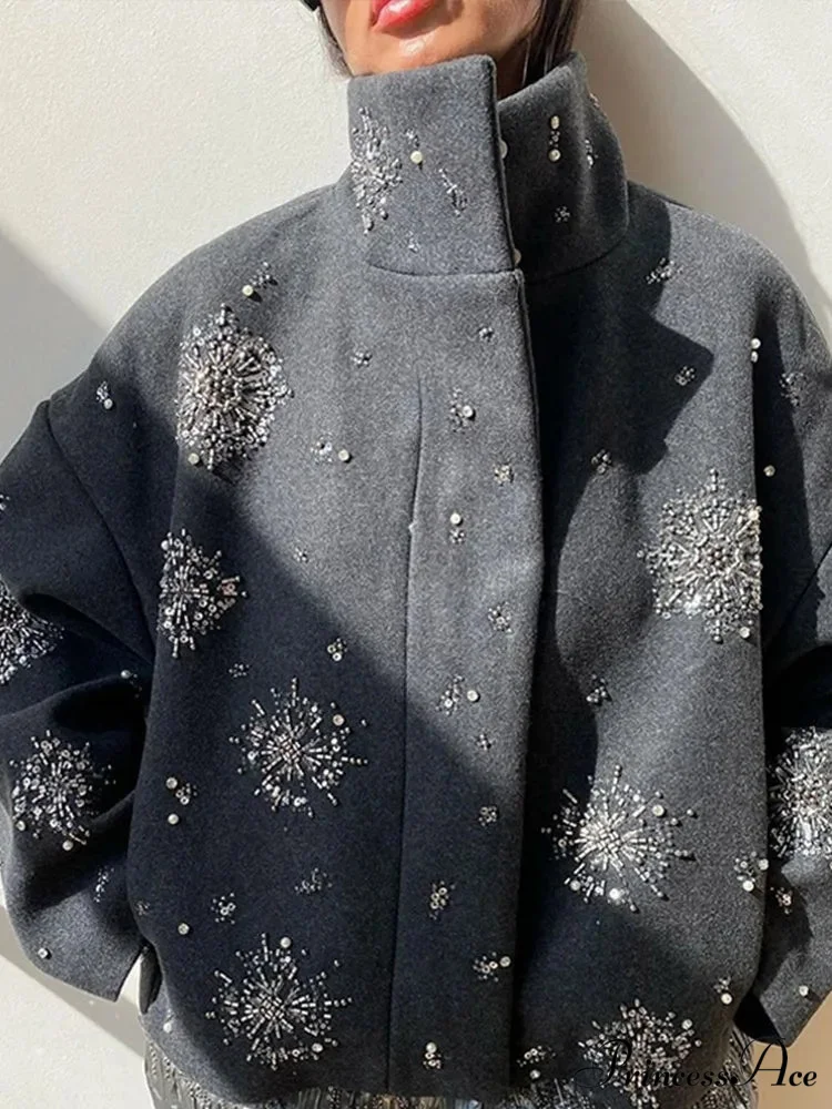 Sequined Blossom Bead Stand Collar Overcoat - Image 3