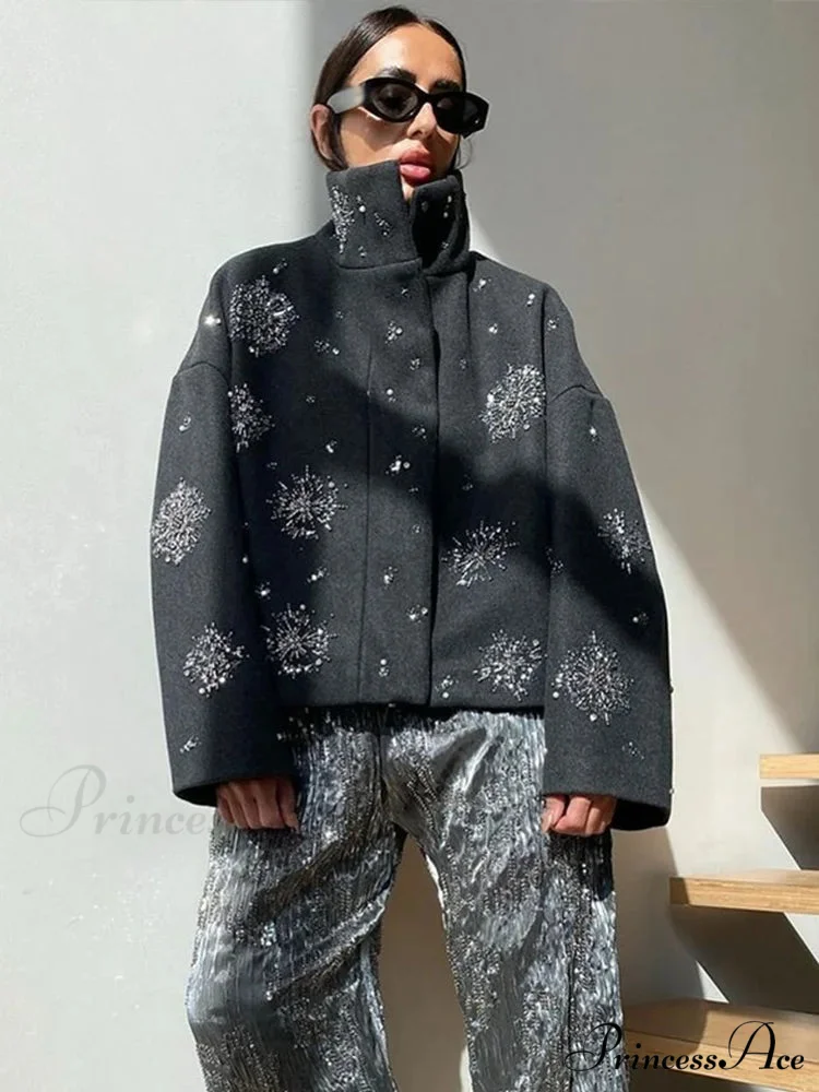 Sequined Blossom Bead Stand Collar Overcoat - Image 4