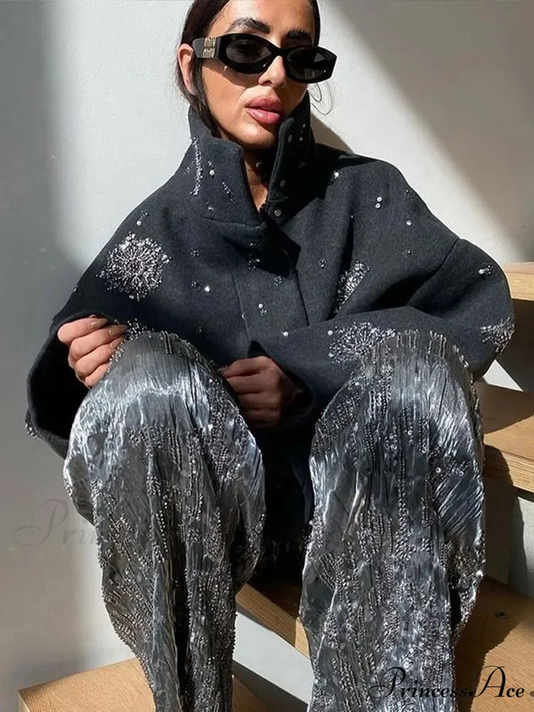 Sequined Blossom Bead Stand Collar Overcoat - Image 5