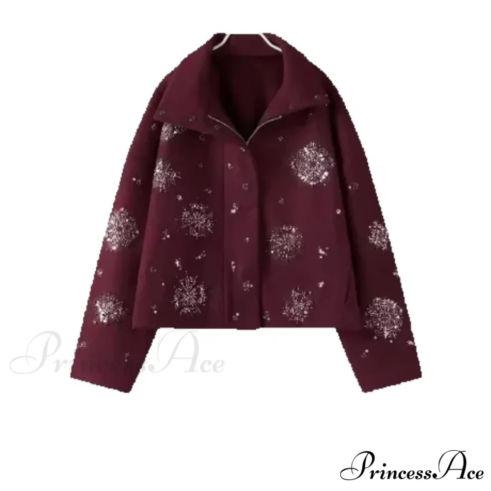 Sequined Blossom Bead Stand Collar Overcoat - Image 6