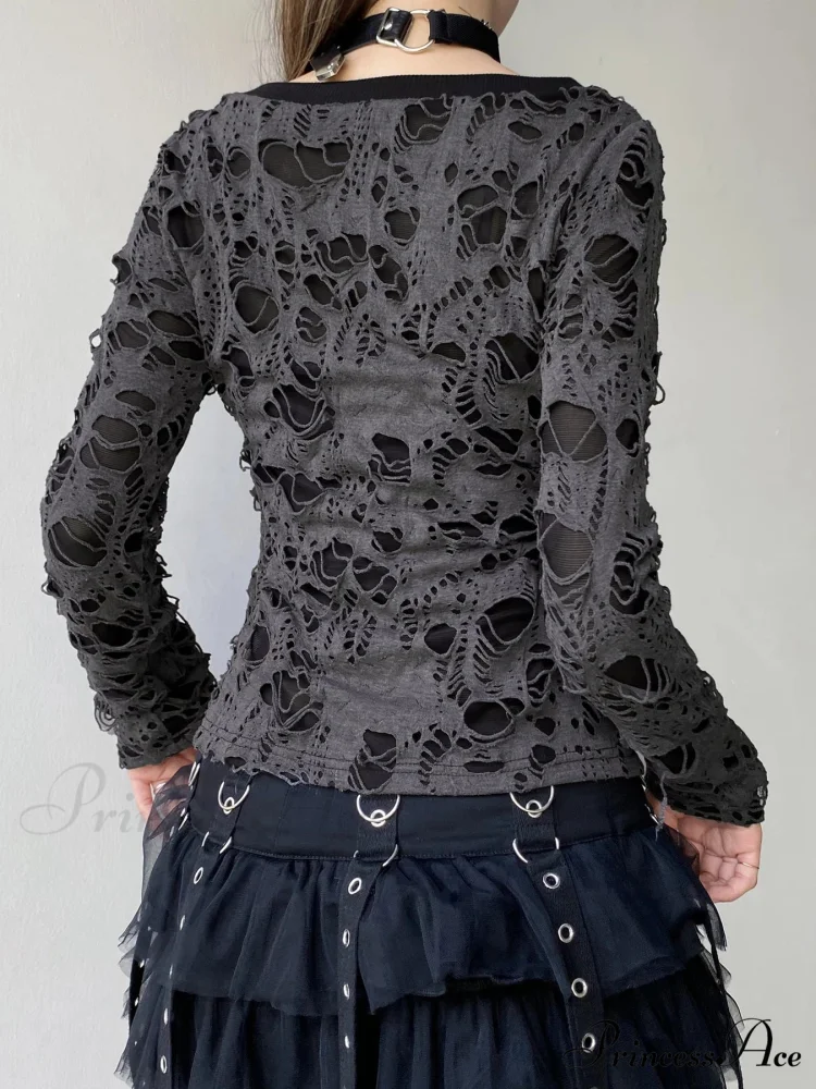 Shadowy Pierced False 2 Part Gothic V-Neck Knit Top - Image 2