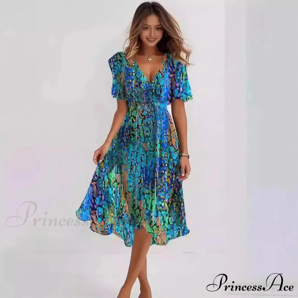 Sheer Blossom Pattern Plunging Neckline Dress - Image 4