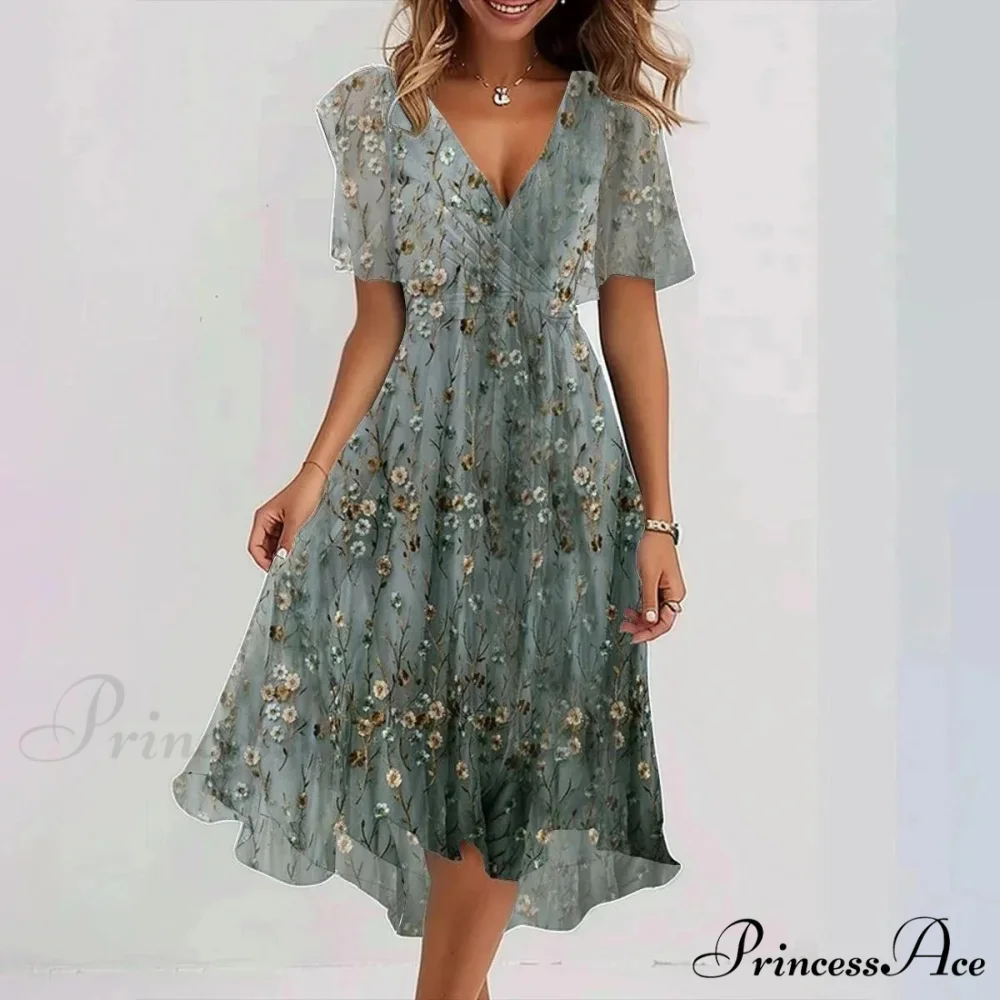Sheer Blossom Pattern Plunging Neckline Dress - Image 6