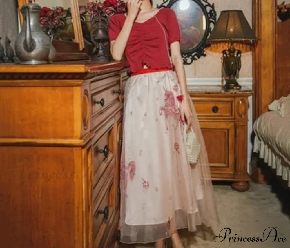 Sheer Blossom Stitched Charming Style Double Tiered Skirt - Image 2