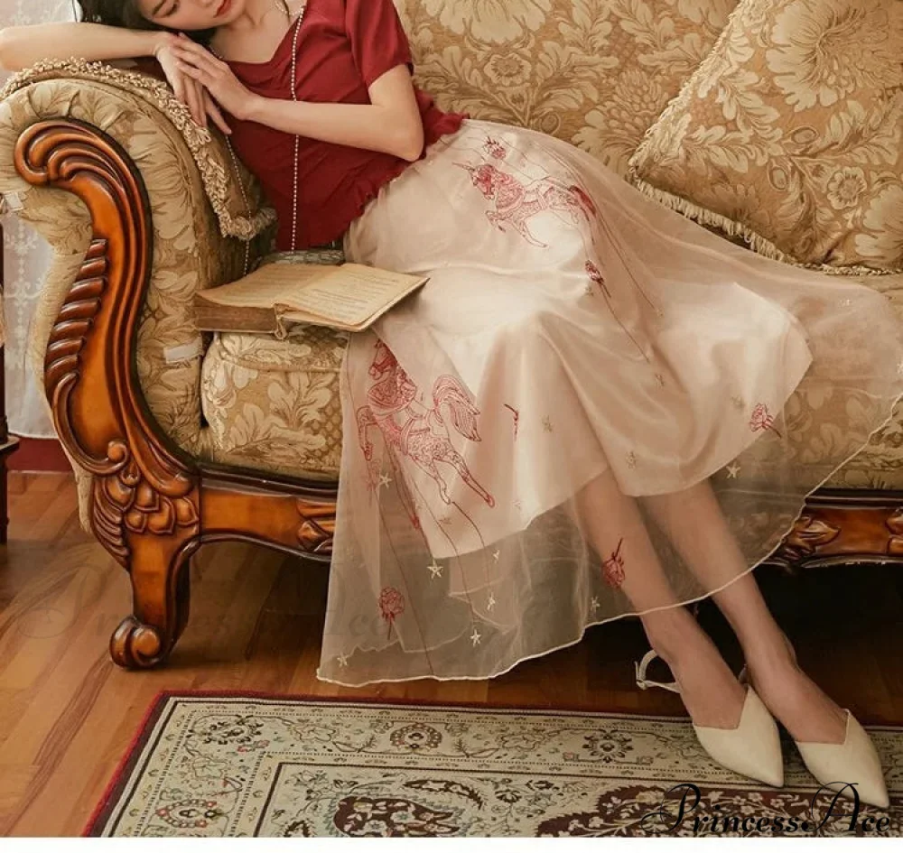 Sheer Blossom Stitched Charming Style Double Tiered Skirt - Image 3