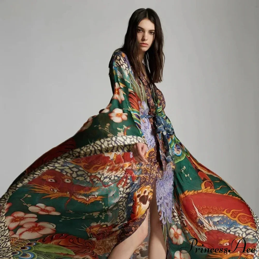 Sheer Cultural Peacock Design Long Cardigan Bohemian Cover up - Image 2