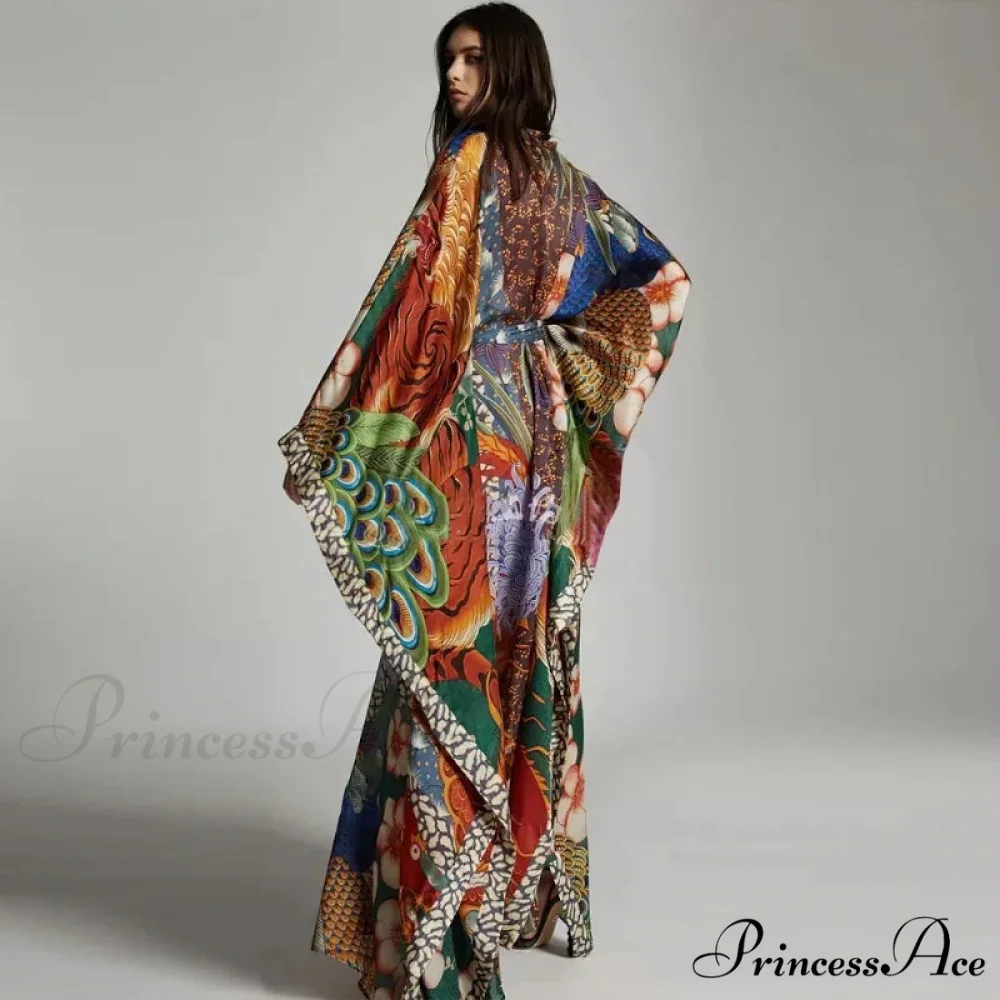 Sheer Cultural Peacock Design Long Cardigan Bohemian Cover up - Image 3
