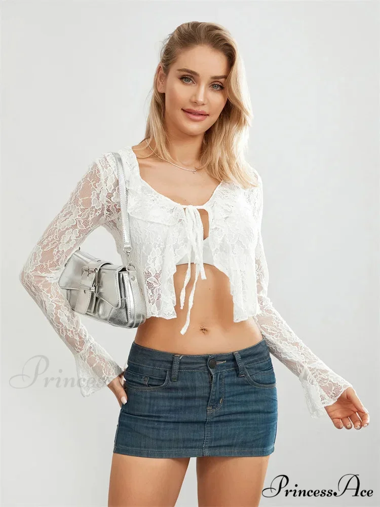 Sheer Flounce Sleeve Lace-Up Transparent Blouse - Image 3