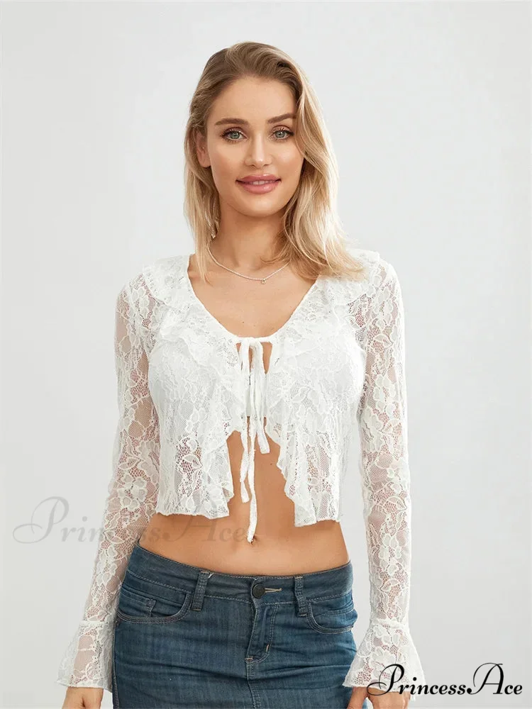 Sheer Flounce Sleeve Lace-Up Transparent Blouse - Image 4