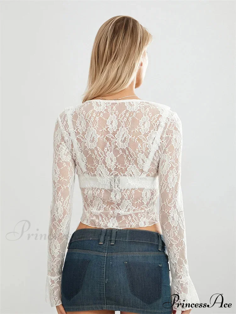 Sheer Flounce Sleeve Lace-Up Transparent Blouse - Image 6