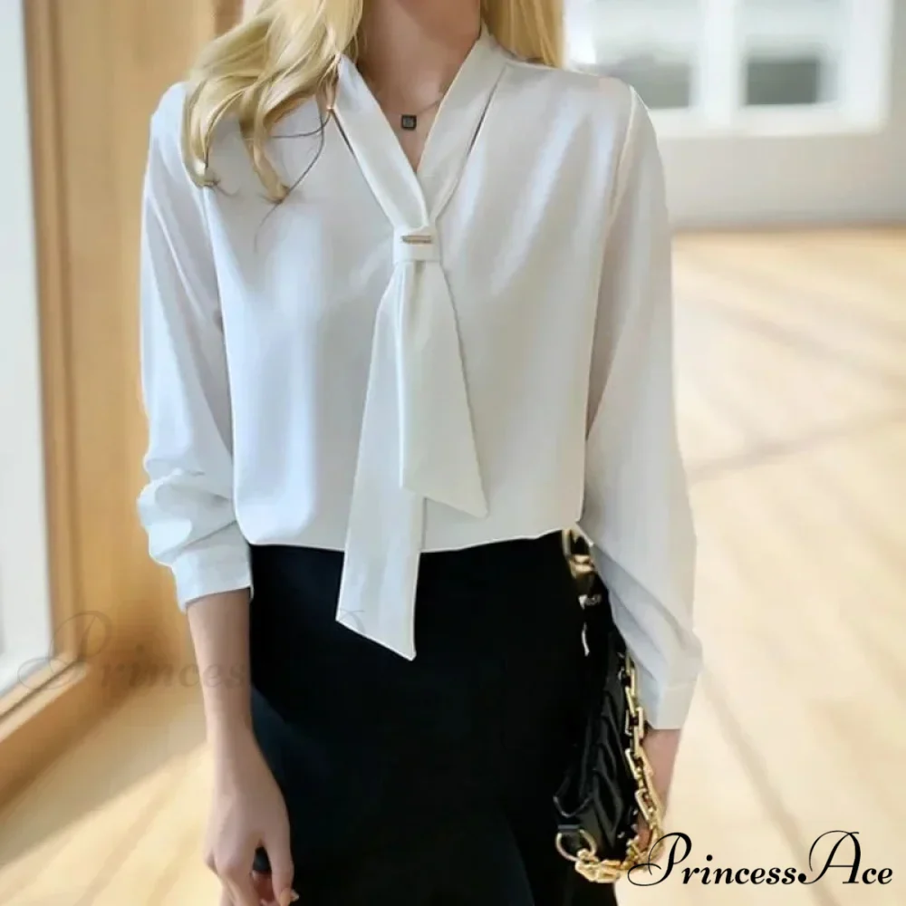 Sheer Plunging Neckline Bow Relaxed Full Sleeve Ivory Top - Image 2