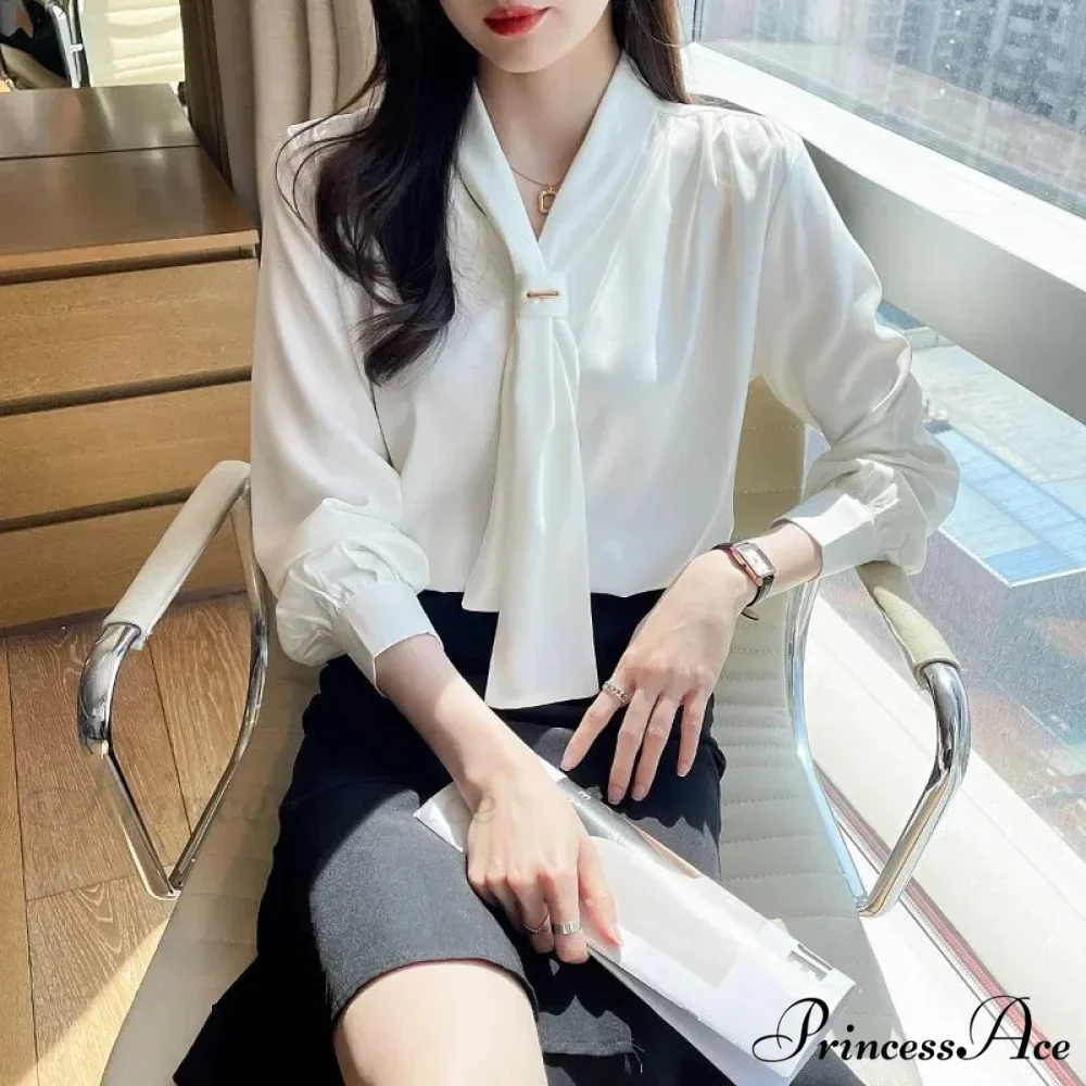 Sheer Plunging Neckline Bow Relaxed Full Sleeve Ivory Top - Image 3